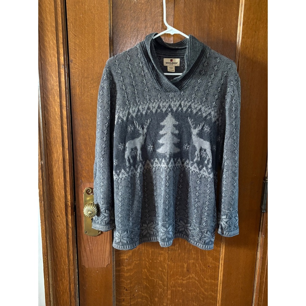 Woolrich Womens Charcoal Heather Reindeer Pine Tree Shawl Collar Sweater Large